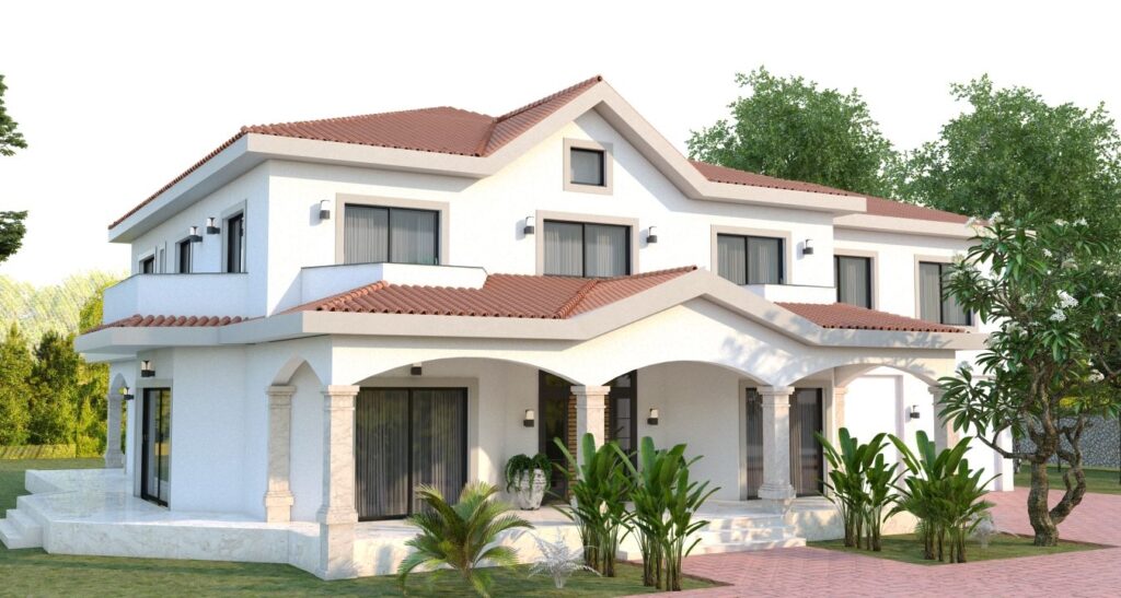 Kırmızı kiremitli, beyaz cepheli modern villanın ön cephe ve peyzaj mimarlığı projesi.