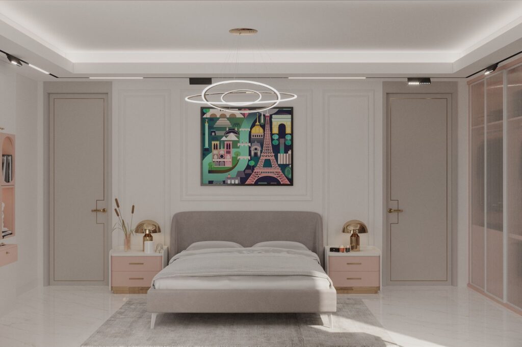 Pembe ve gri tonlarında, minimalist ve şık mobilyalarla tasarlanmış, modern bir villa yatak odası.