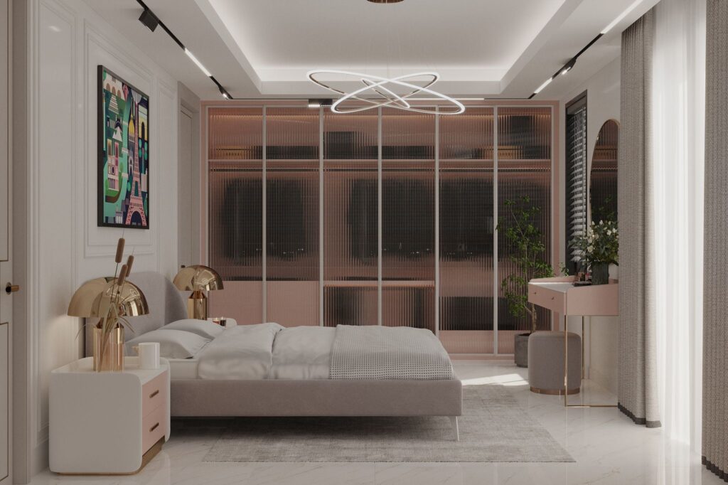 Minimalist mobilyalar, modern aydınlatmalar ve ayna detaylarıyla dekore edilmiş yatak odası.