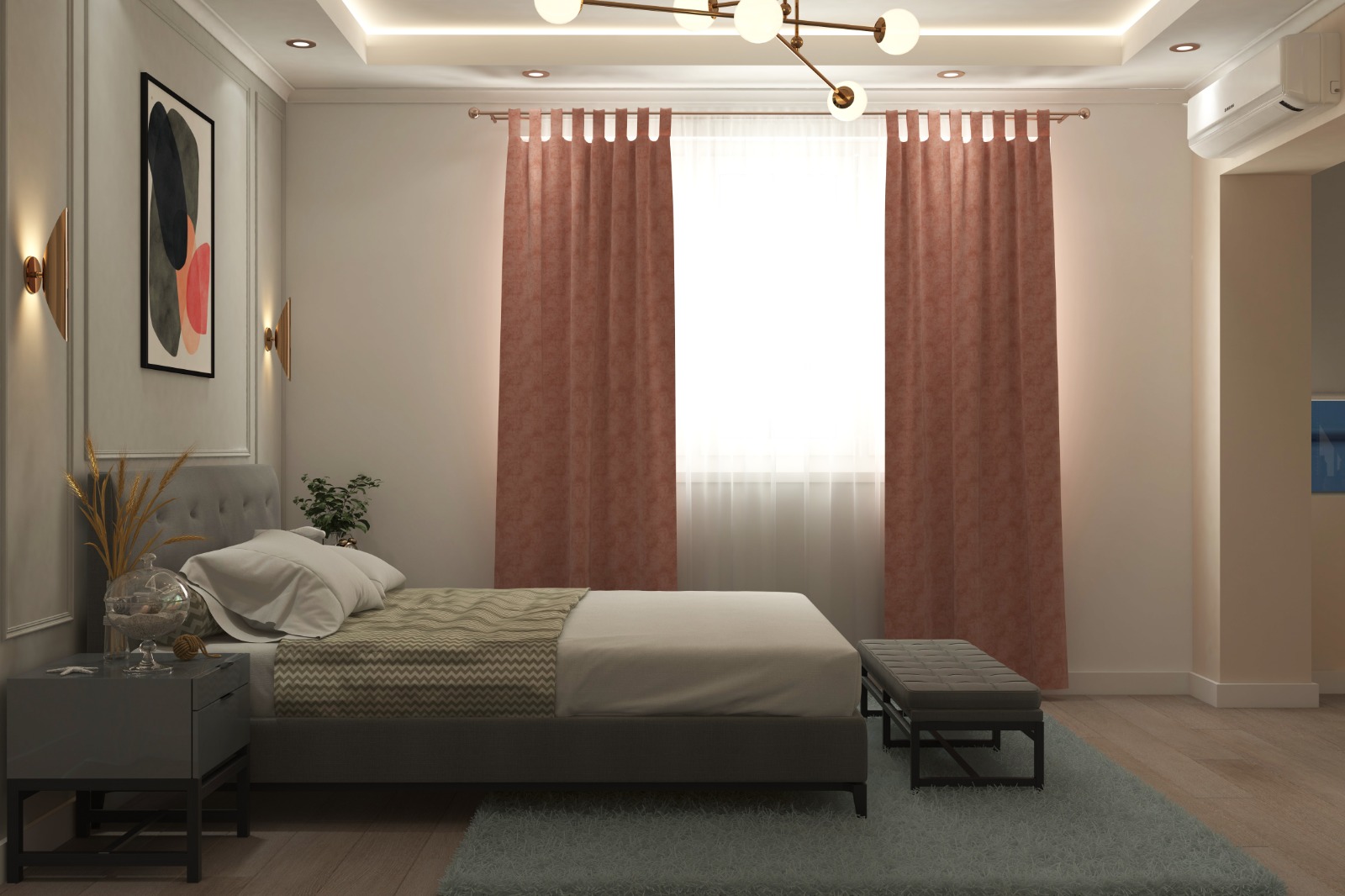 Yatak odasında, modern sanat tablosu, aydınlatmalı duvar lambaları ve konforlu yatak detayıyla tasarlanmış bir render.