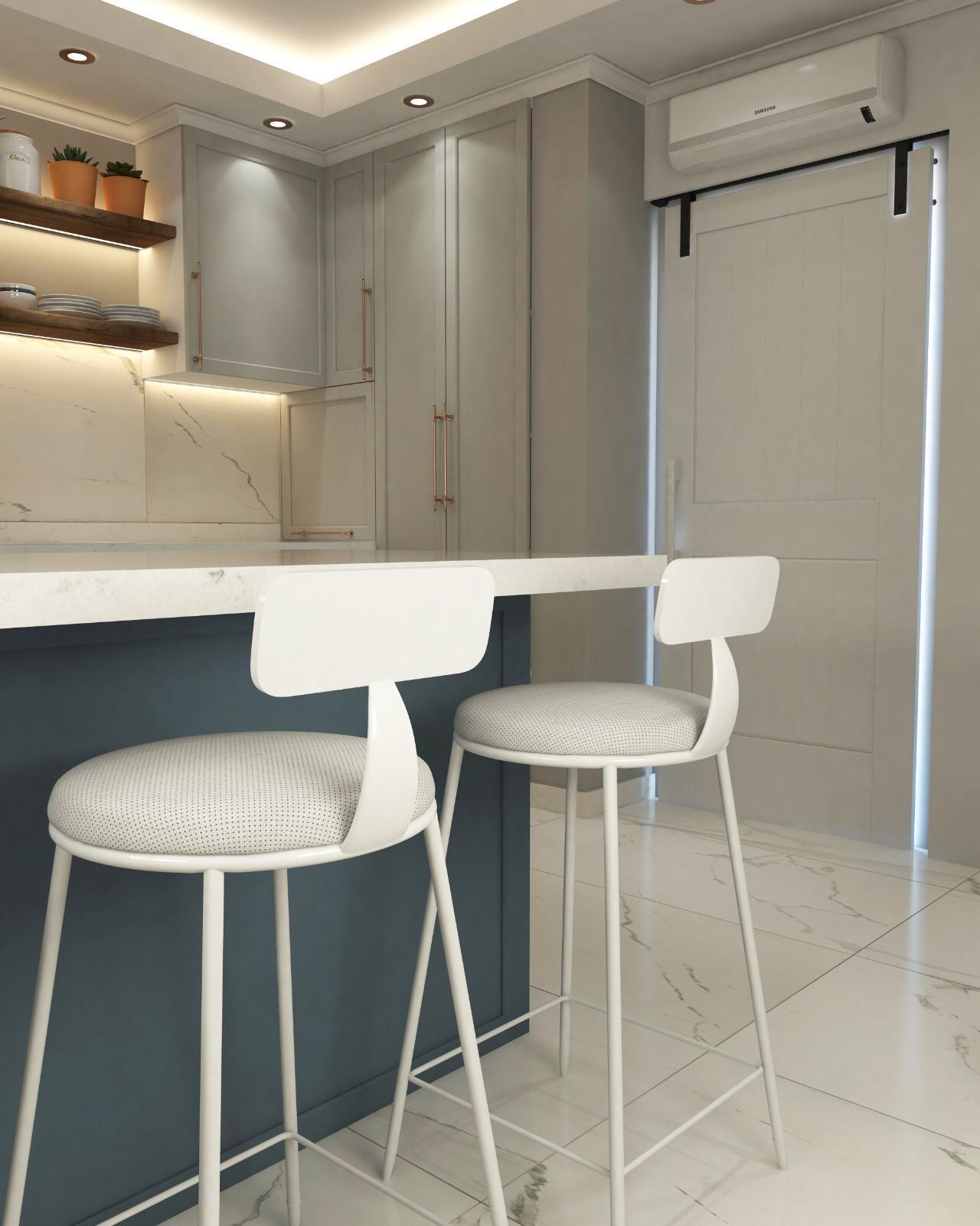 Koyu renkli mutfak adası ve beyaz modern bar taburelerinin yakın çekim render görseli.