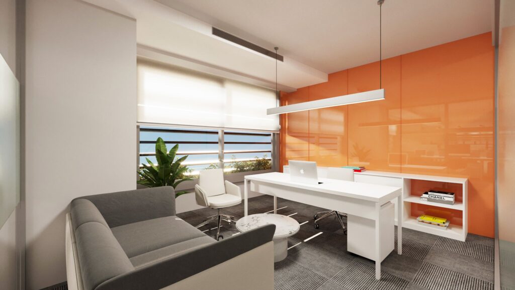 Modern Kurumsal Ofis Tasarımı Canlı turuncu duvar panelleri ve modern beyaz mobilyalarla tasarlanmış, kişiye özel yönetici ofisi.