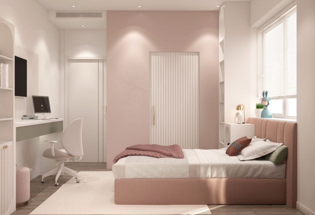 Kız Çocuk Odası Tasarım Örnekleri Beyaz ve pembe renklerin birleşimini gösteren, modern yatak ve çalışma masası içeren çocuk odası.