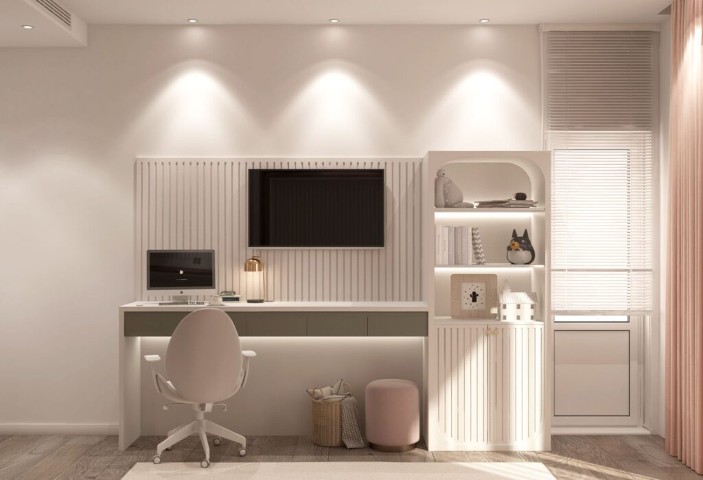 Kız Çocuk Odası Tasarım Örnekleri Pembe ve gri renklerin uyumuyla tasarlanmış, modern bilgisayar masası ve raflı dolap içeren çalışma alanı.