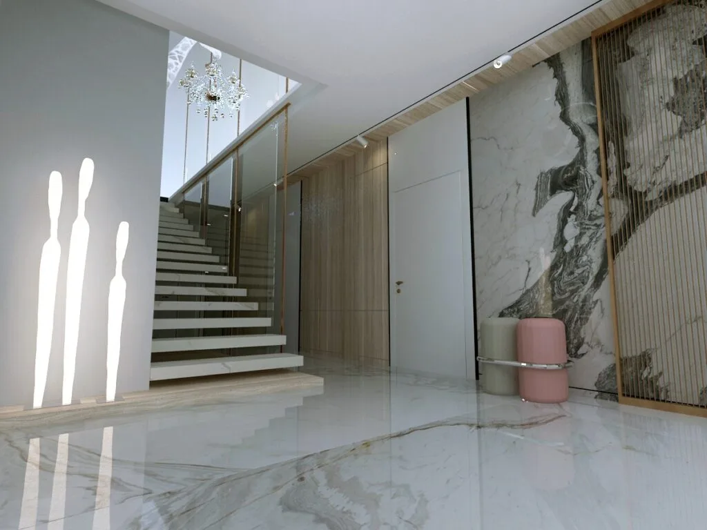 Modern Penthouse Tasarımı Cam korkuluklar ve mermer basamaklarla tasarlanmış, modern avize detaylı lüks daire girişi.