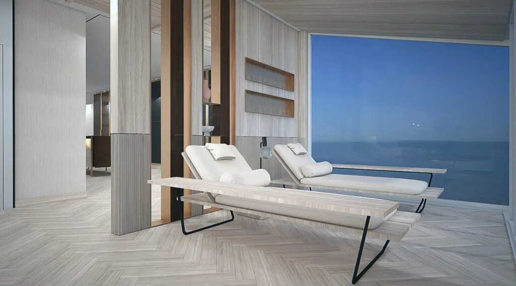 Modern Penthouse Tasarımı Geniş cam cepheye sahip, deniz veya şehir manzaralı lüks teras dinlenme alanı.