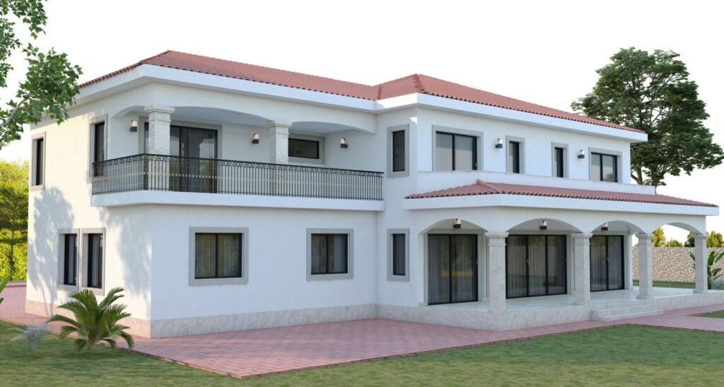 Palmiye ağaçları ve yeşil bitkilerle desteklenmiş, sade ve geniş villa girişi peyzaj tasarımı.