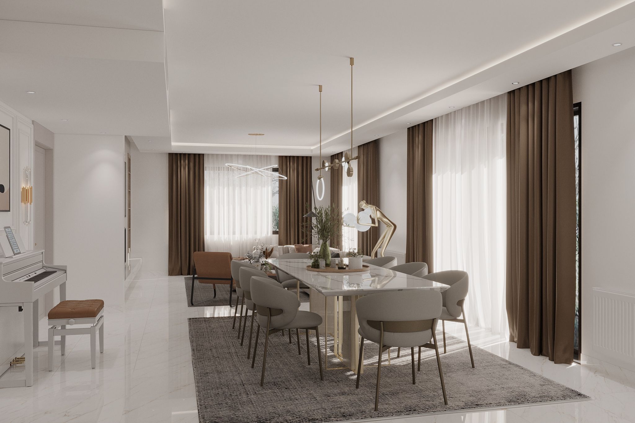Geniş ve aydınlık bir alana sahip, modern avizelerle süslenmiş, piyanolu villa salon ve yemek odası.