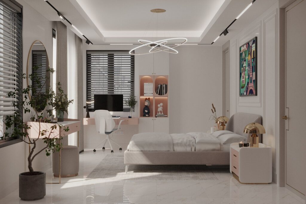 Pastel tonlarda tasarlanmış, yatak ve çalışma masasının bir arada olduğu modern yatak odası.