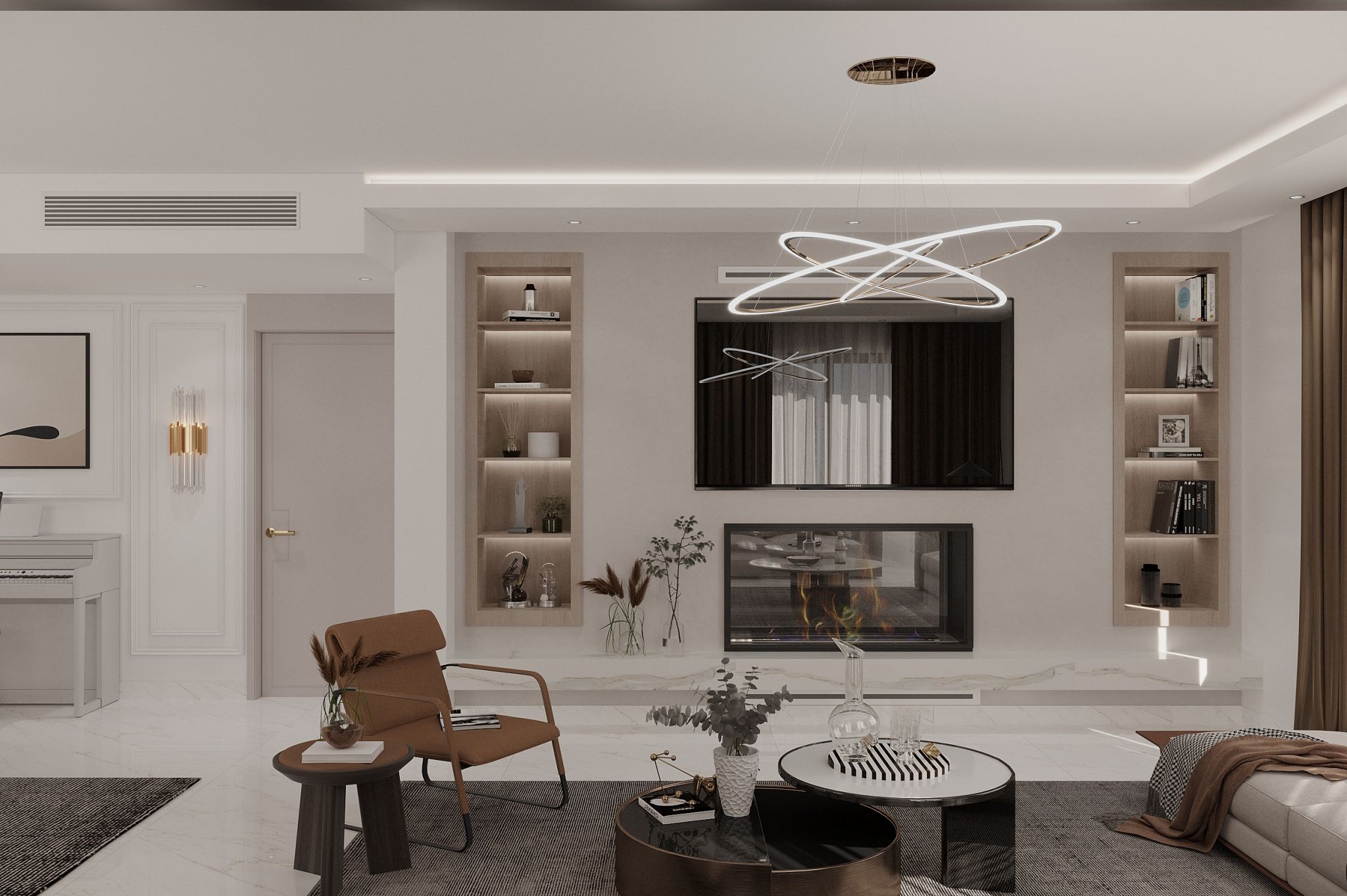Mermer dokulu şöminesi, açık raflı kütüphane ve modern mobilyalarla tasarlanmış villa salonu.