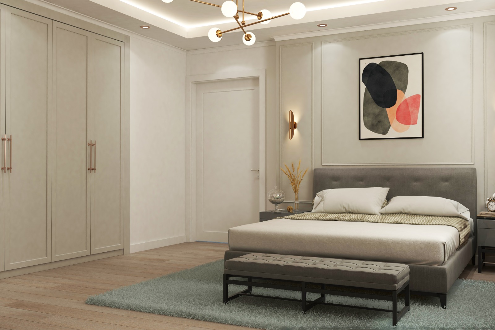 Modern yatak ve pufun yanında, minimalist ve şık kapaklı, boydan boya uzanan modern yatak odası gardırop renderı.