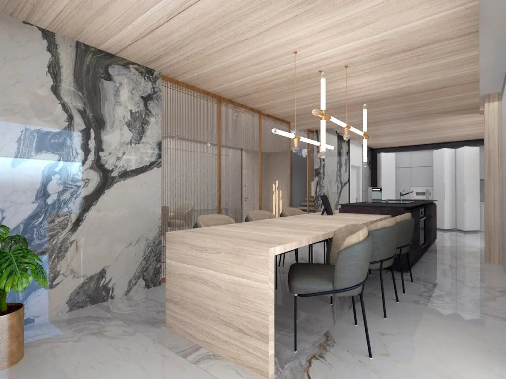 Modern Penthouse Tasarımı Mermer duvar paneli ve ahşap yemek masasıyla tasarlanmış, aydınlatma detayları öne çıkan yemek alanı.