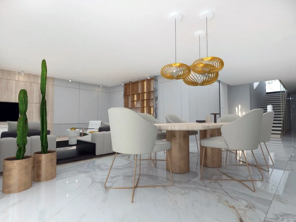 Modern Penthouse Tasarımı Modern avizeler, mermer zemin ve beyaz sandalyelerle tasarlanmış şık yemek odası.