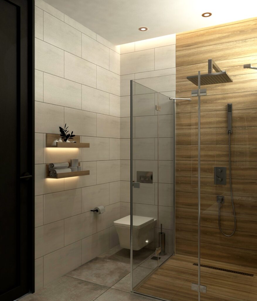 Ahşap görünümlü duvar paneli ve aydınlatmalı raflarla tasarlanmış, modern ve minimalist bir duşakabin.