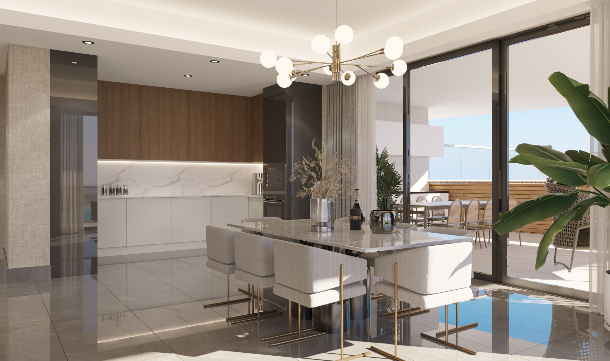 Balkon kapısı, modern yemek masası ve mutfak dolaplarının bulunduğu, manzaralı daire.