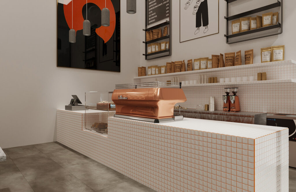Barista tezgahı, sarkıt lambalar ve modern sanat eserleriyle dekore edilmiş kafe iç mekan tasarımı.