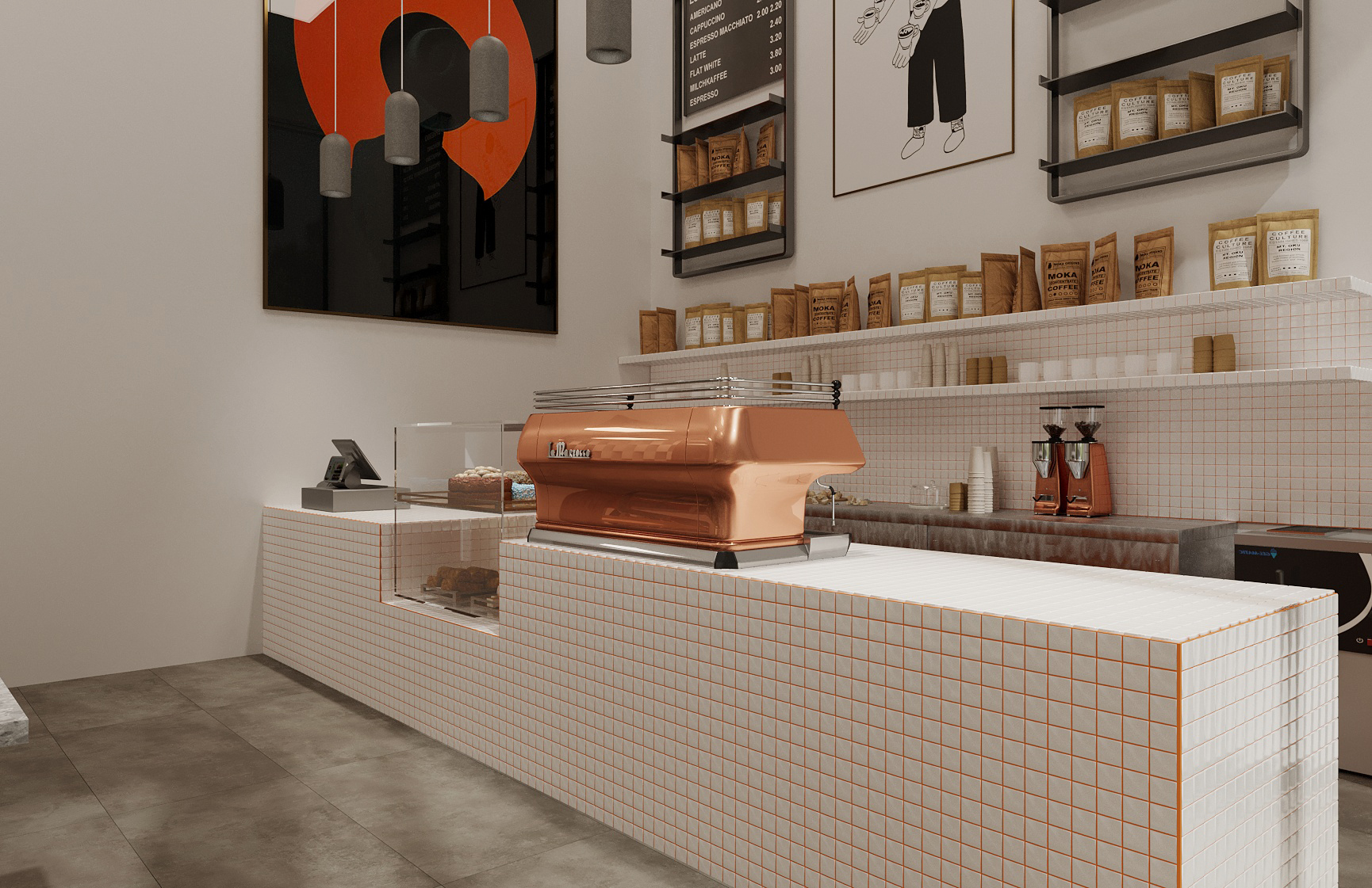 Barista tezgahı, sarkıt lambalar ve modern sanat eserleriyle dekore edilmiş kafe iç mekan tasarımı.