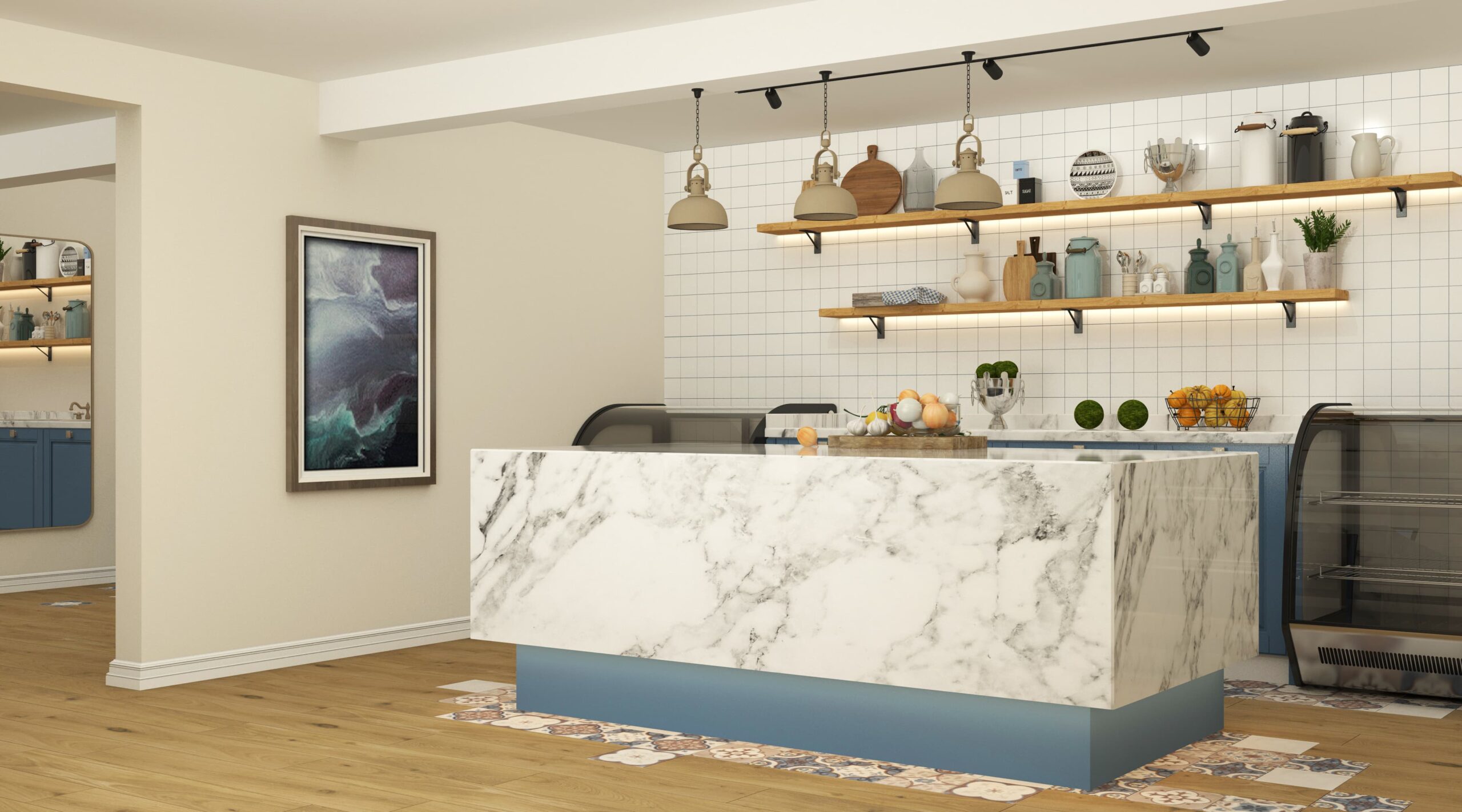 Mermer bar tezgahı, mavi alt dolaplar, modern aydınlatmalar ve ahşap raflarla tasarlanmış kafe barı.