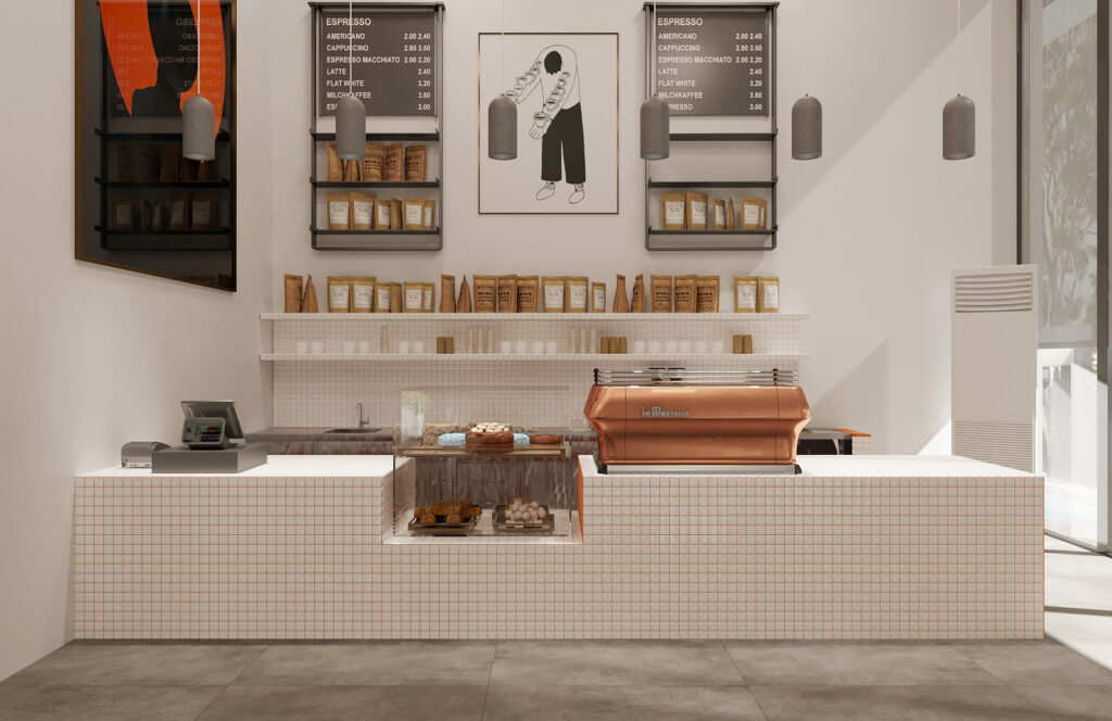 Modern Kafe Restoran Tasarımı Müşterilere kolay erişim sağlayan menü paneli ve şık bir kahve makinesini gösteren kafe renderı.