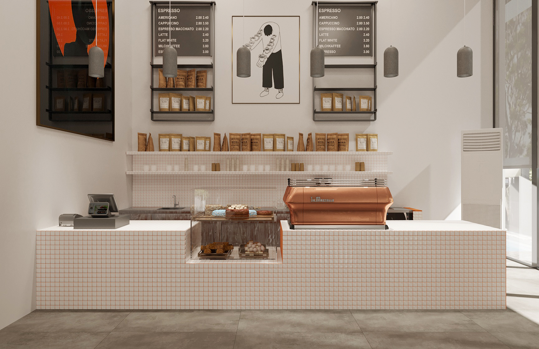 Müşterilere kolay erişim sağlayan menü paneli ve şık bir kahve makinesini gösteren kafe renderı.