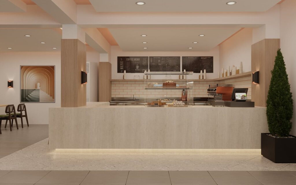 Modern bej tezgah, tuğla desenli duvar ve yuvarlak hatlı oturma alanıyla tasarlanmış kafe iç mekanı renderı.
