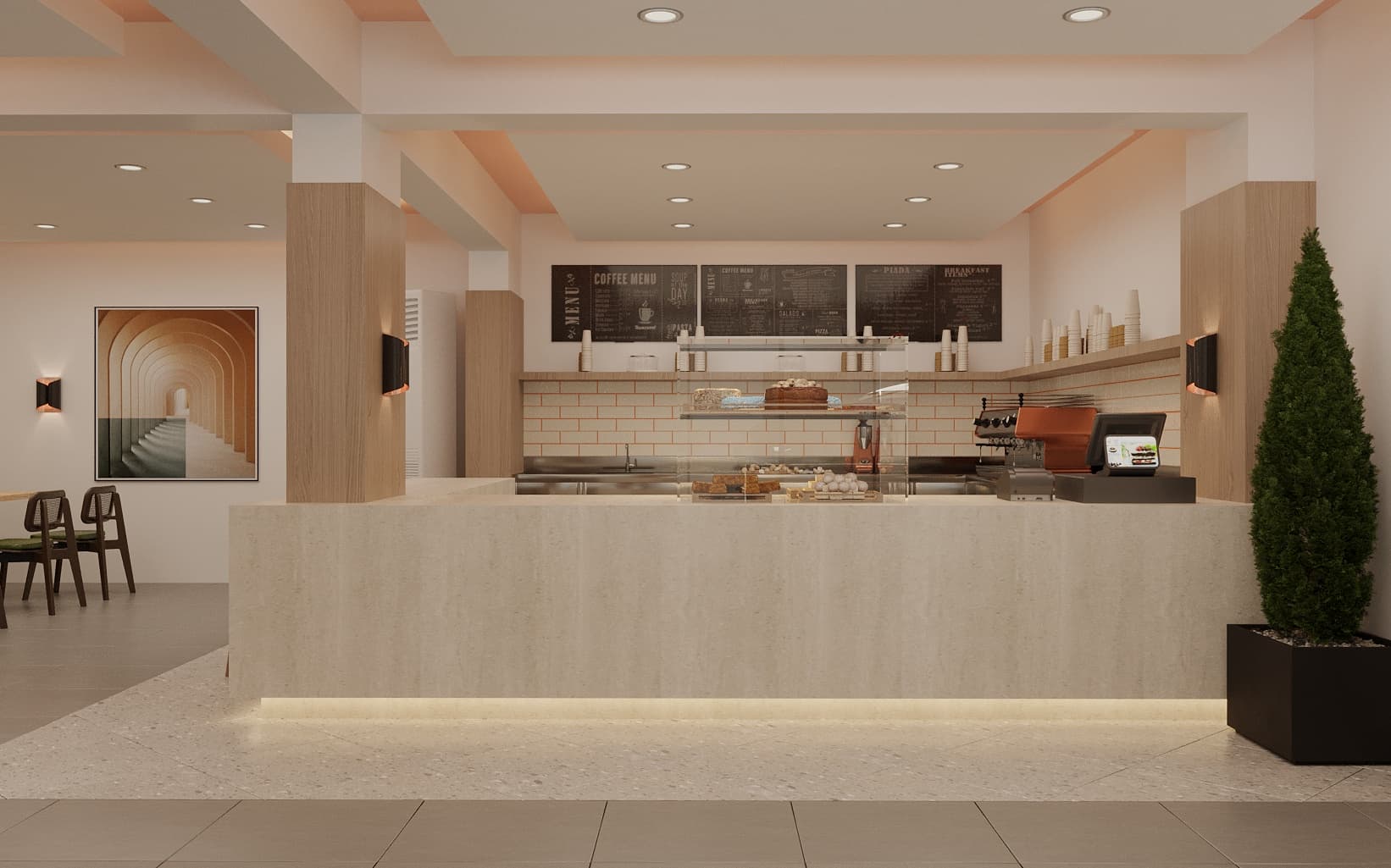 Modern bej tezgah, tuğla desenli duvar ve yuvarlak hatlı oturma alanıyla tasarlanmış kafe iç mekanı renderı.