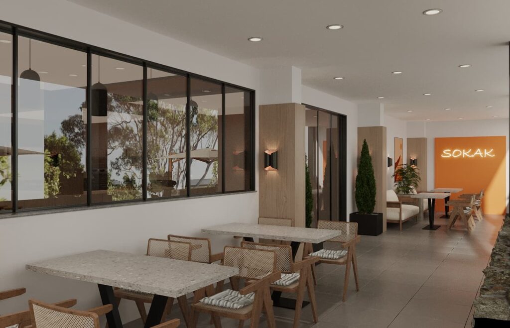 Sokak lambası, ahşap mobilyalar ve geniş pencereyle aydınlık bir kafe oturma alanı renderı.