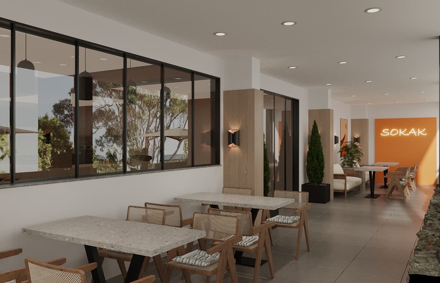 Sokak lambası, ahşap mobilyalar ve geniş pencereyle aydınlık bir kafe oturma alanı renderı.