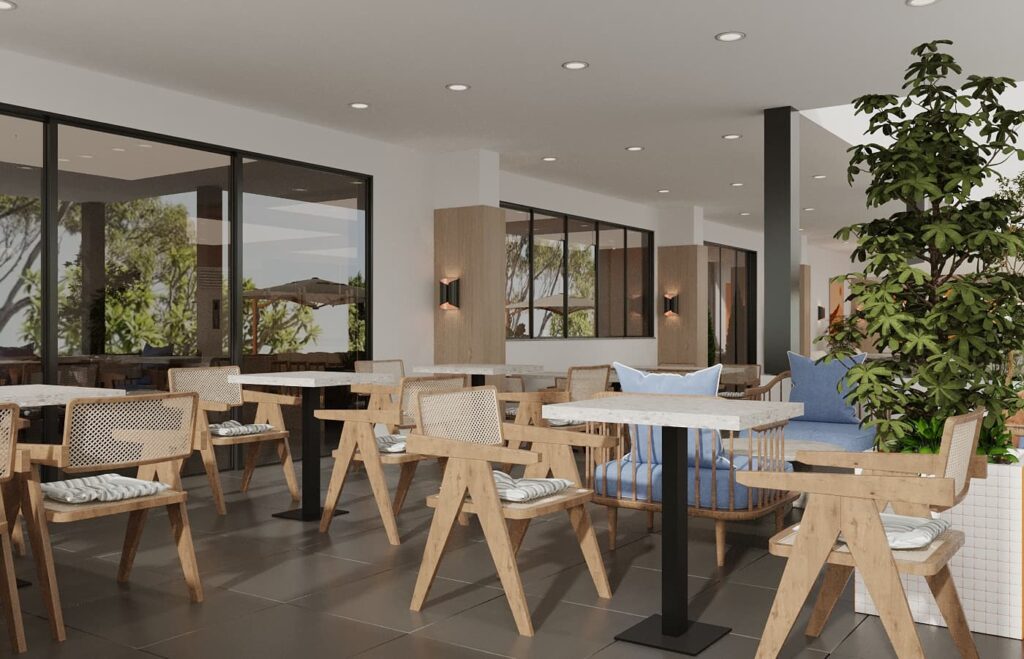 Kafe Restoran İç Mekan Tasarımı Cam cephe, doğal ahşap mobilyalar ve bitkilerle tasarlanmış kafe dış oturma alanı renderı.