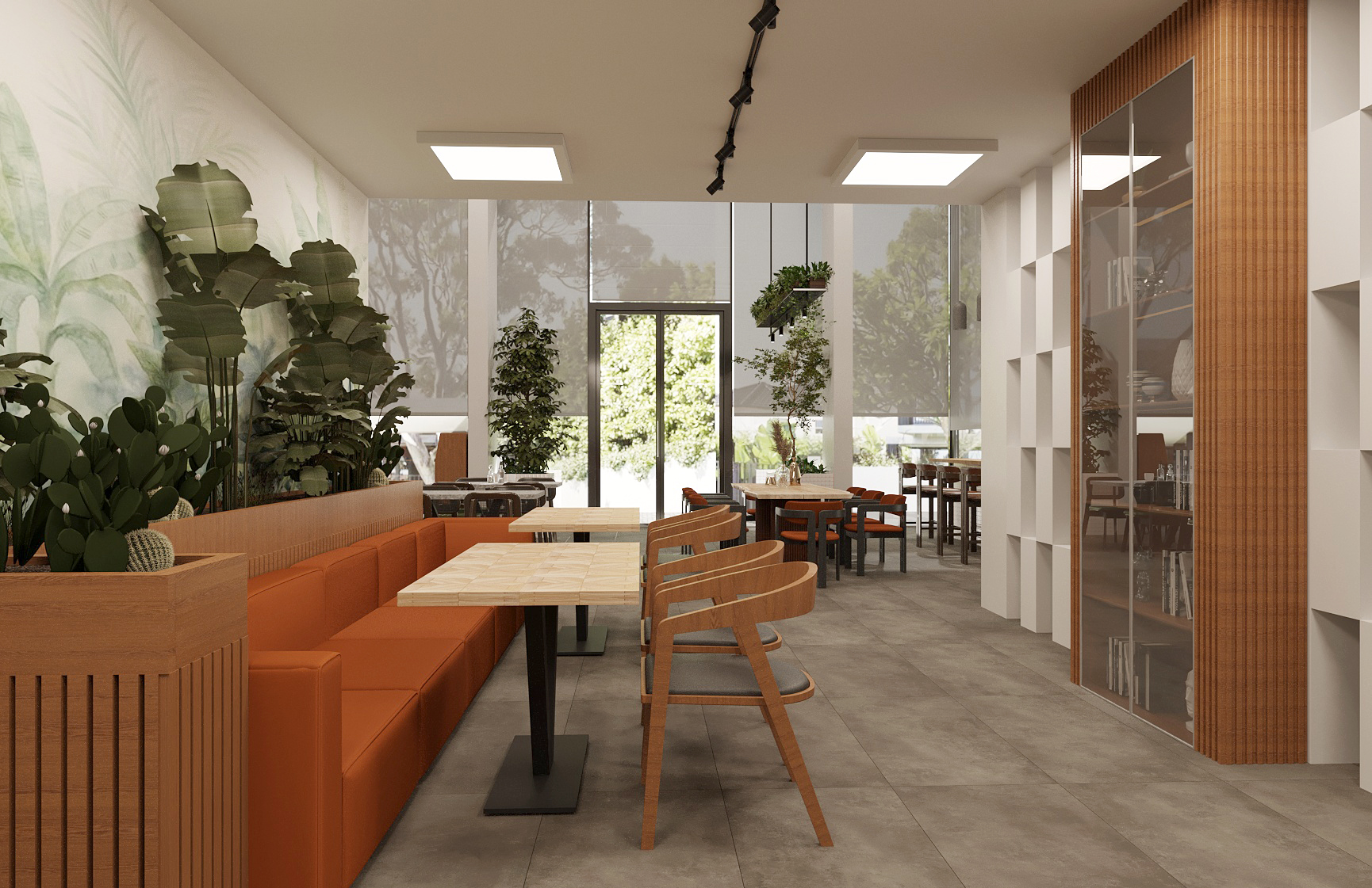 Bol bitki, uzun oturma grubu ve minimalist masalarla tasarlanmış, doğal görünümlü kafe.