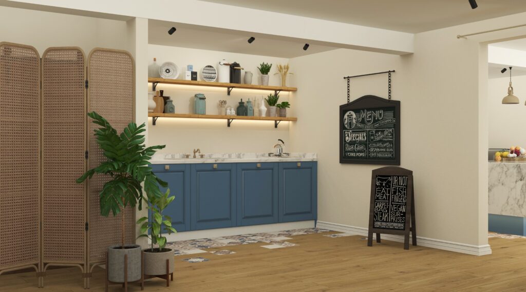 Butik Kafe Tasarımı Menü panosu, bitkiler ve minimalist oturma gruplarıyla tasarlanmış kafe iç mekan görseli.