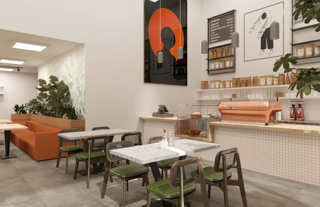 Modern Kafe Restoran Tasarımı kafe mutfak girisi oturma alani