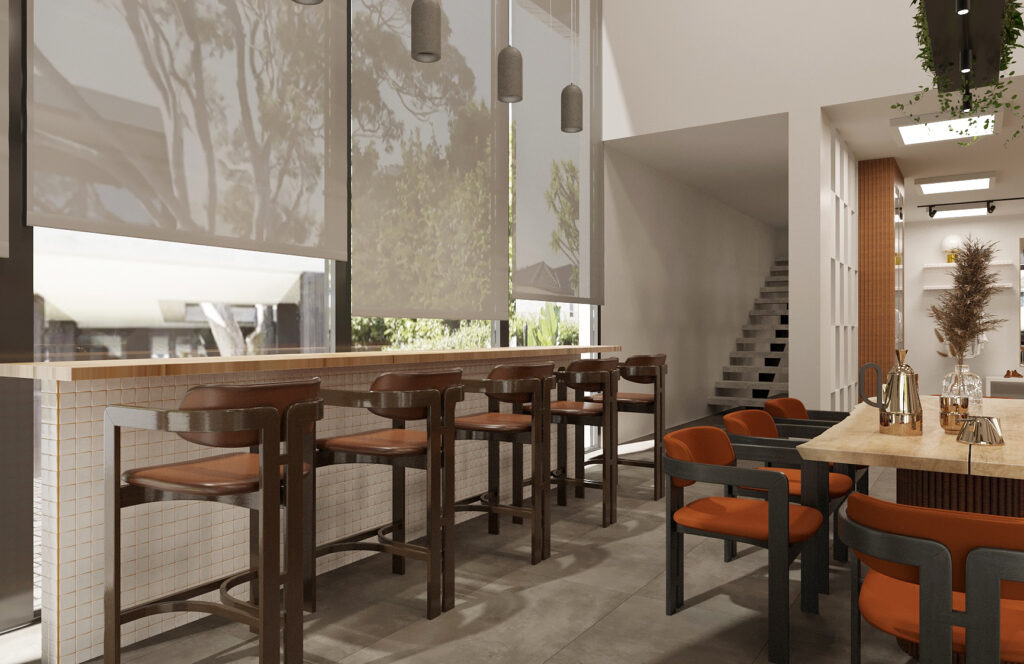 Modern Kafe Restoran Tasarımı Yüksek bar tabureleri ve geniş pencerelerle tasarlanmış, pencere kenarı oturma alanı.