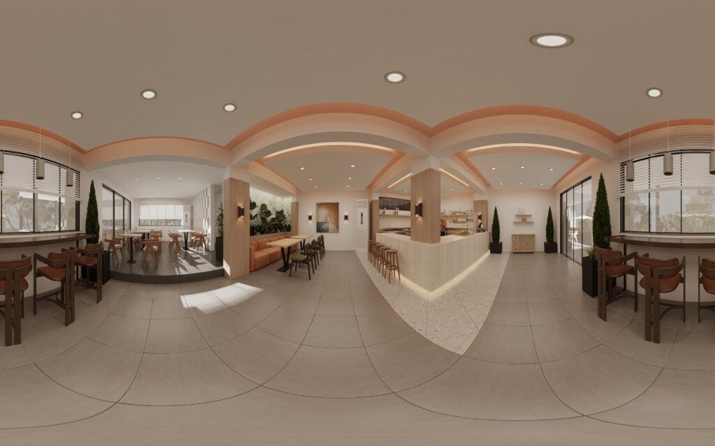 Kafe Restoran İç Mekan Tasarımı Uzun bar masası, çoklu oturma alanları ve modern barıyla tasarlanmış kafe iç mekanının panoramik renderı.