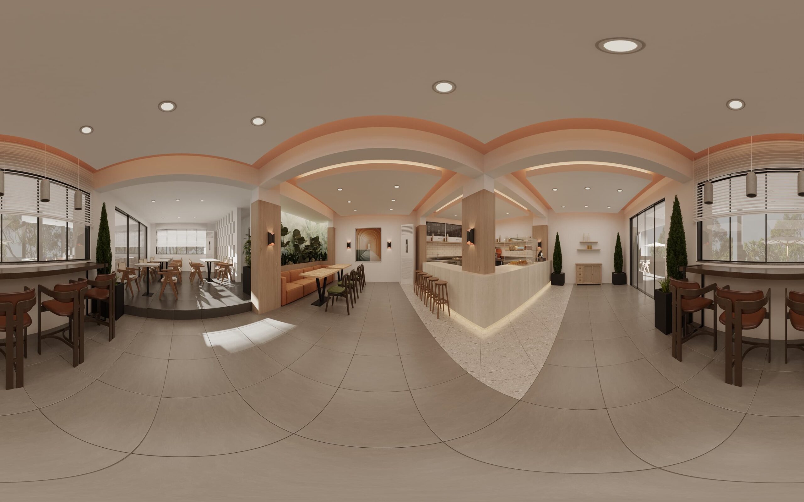 Uzun bar masası, çoklu oturma alanları ve modern barıyla tasarlanmış kafe iç mekanının panoramik renderı.