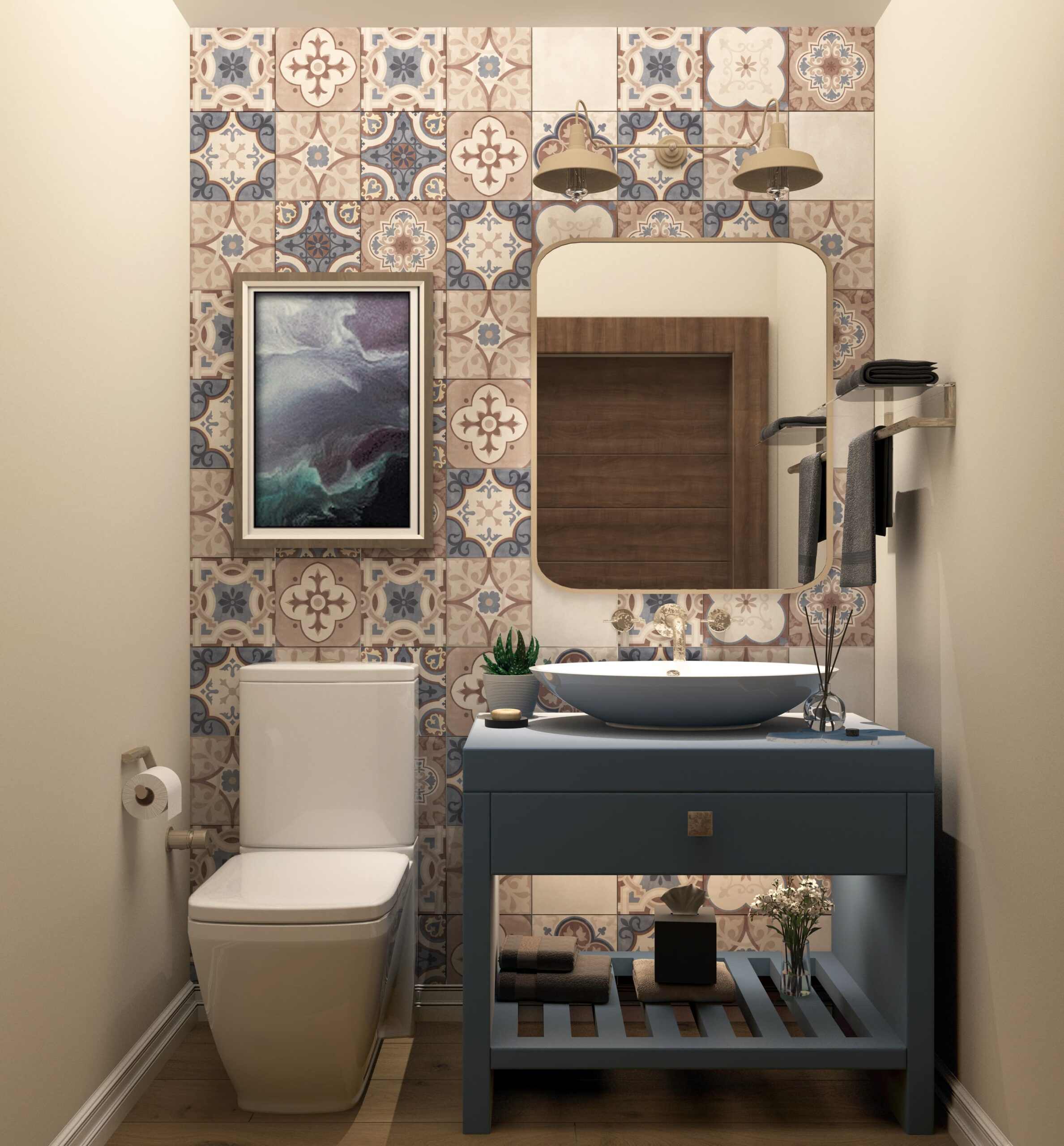 Desenli yer ve duvar fayansları, modern lavabo ve altın rengi ayna detaylarıyla tasarlanmış kafe tuvaleti.