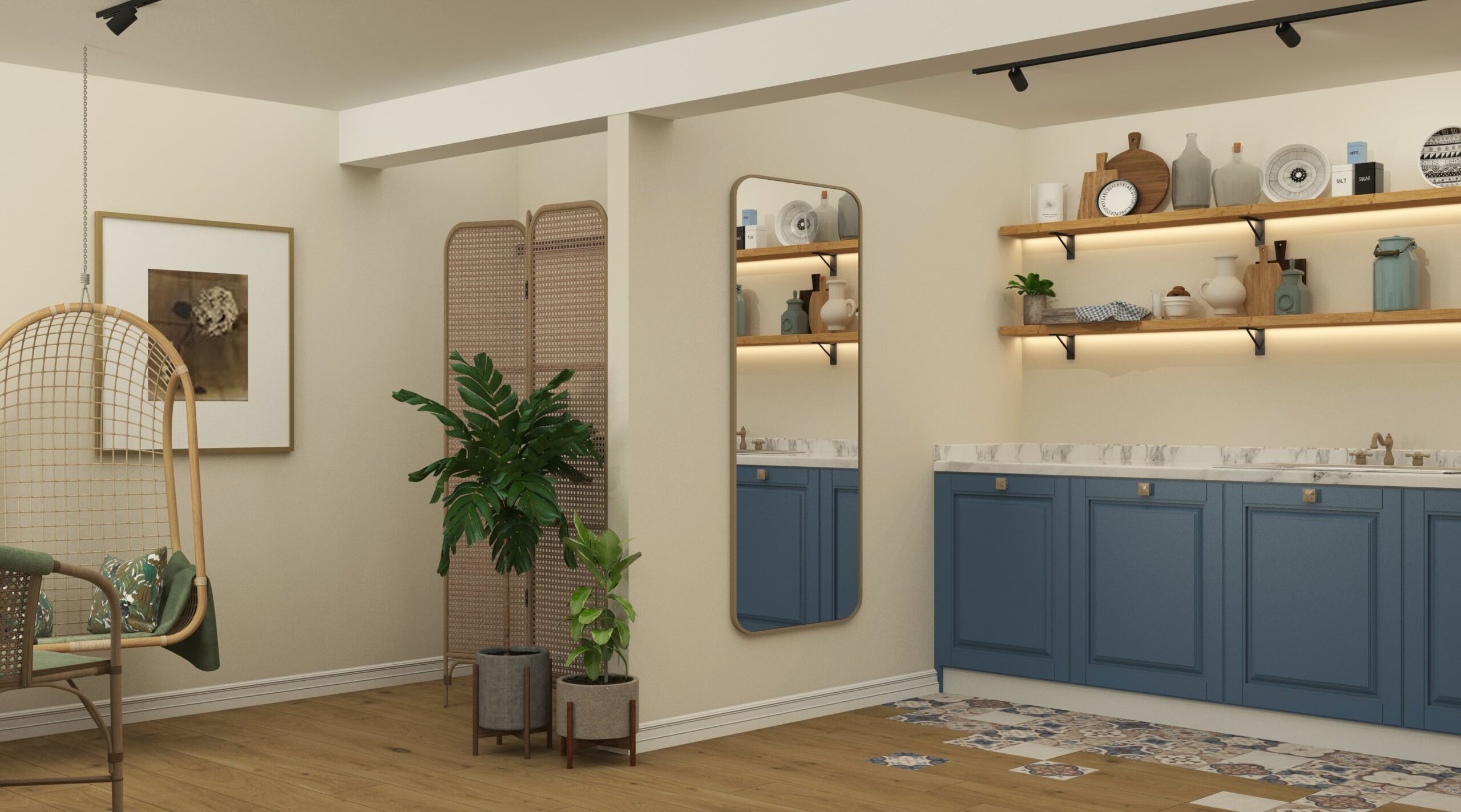 Rattan paravan, bambu salıncak sandalye ve geniş ayna ile tasarlanmış kafe oturma alanı.