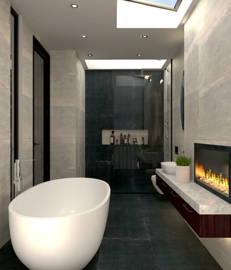 Elektrikli şömine, geniş küvet ve minimalist banyo dolabıyla tasarlanmış modern banyo.