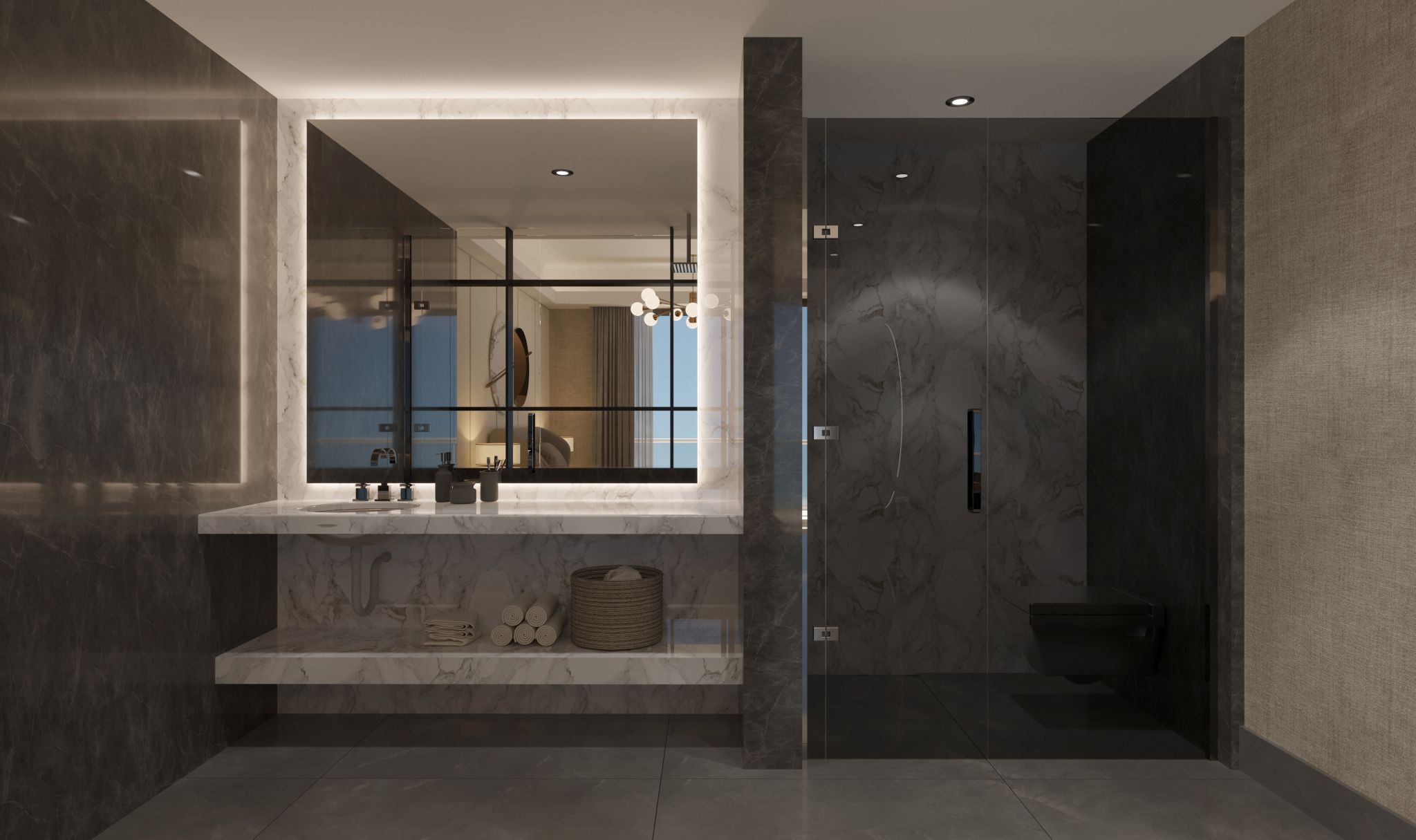 Mermer desenli duvarlar, geniş ayna ve modern lavabo detayıyla tasarlanmış lüks banyo.