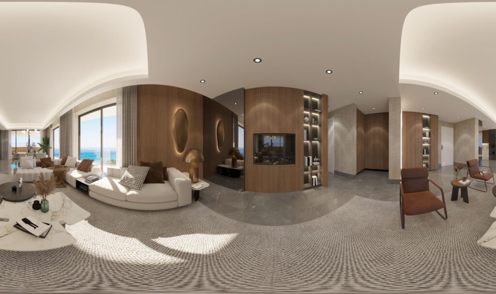Lüks Konut İç Tasarım | Manzara Yuvarlak hatlı TV ünitesi, ahşap detaylar ve konforlu koltuklarla tasarlanmış oturma alanının panoramik görünümü.
