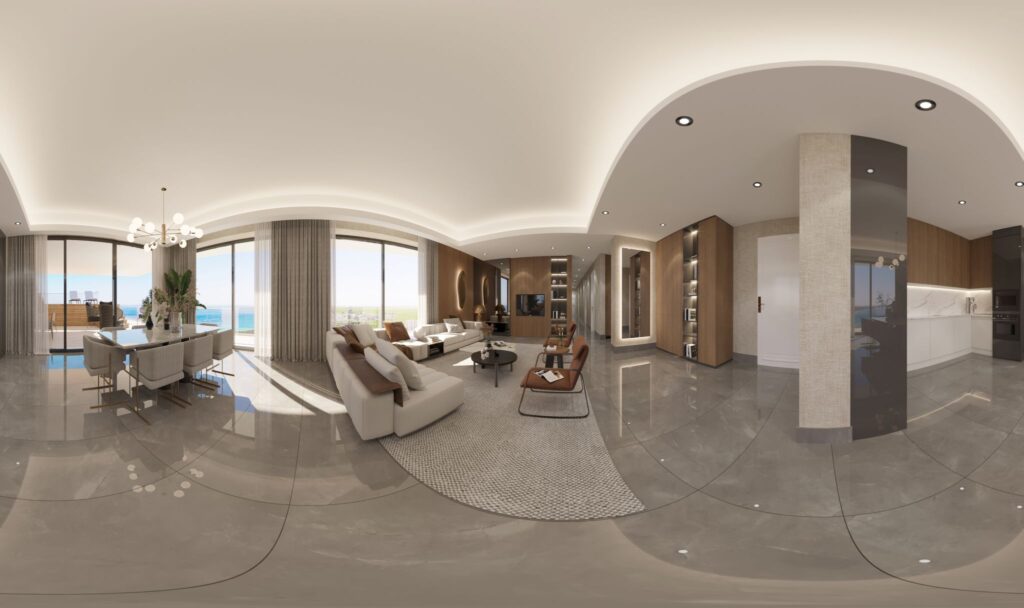 Salon, mutfak ve yemek alanının bir arada olduğu, ferah ve modern yaşam alanının panoramik görünümü.
