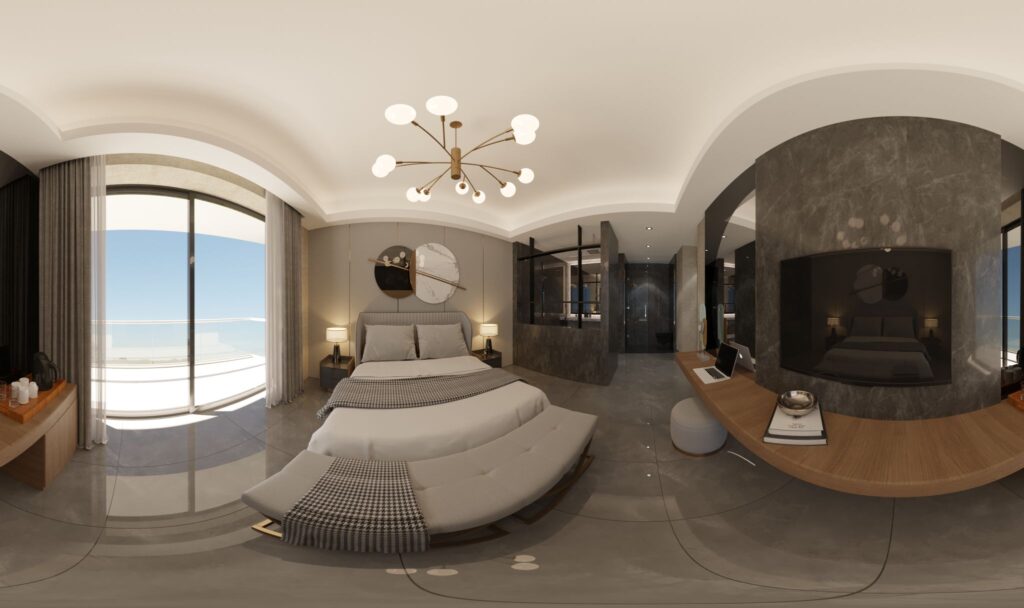 Lüks Konut İç Tasarım | Manzara Geniş manzaralı penceresi, makyaj masası ve modern yatakla tasarlanmış lüks yatak odasının panoramik görünümü.