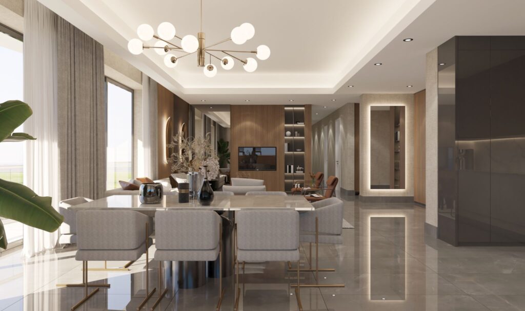 Lüks Konut İç Tasarım | Manzara Modern avize, beyaz yemek masası ve minimalist mutfakla tasarlanmış açık plan yaşam alanı.