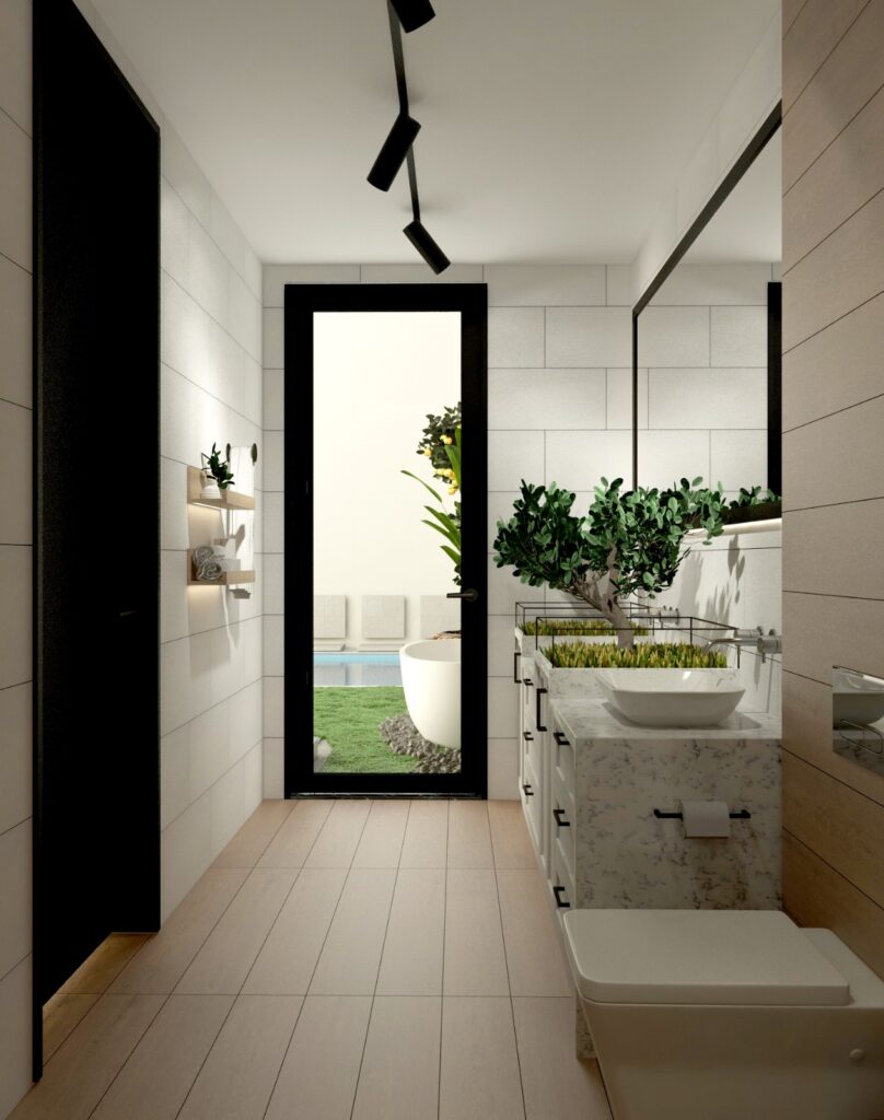 Aile Dostu Modern Villa Tasarımı Cam kapıdan havuz manzarası görünen, modern lavabo ve minimalist tasarımlı banyo.