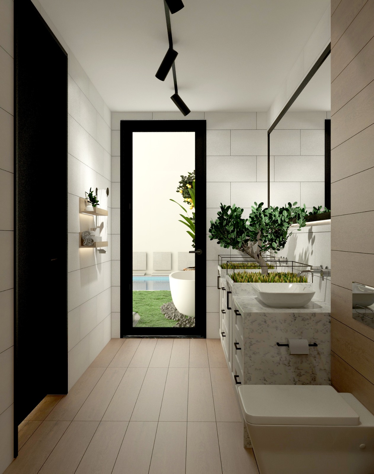 Cam kapıdan havuz manzarası görünen, modern lavabo ve minimalist tasarımlı banyo.