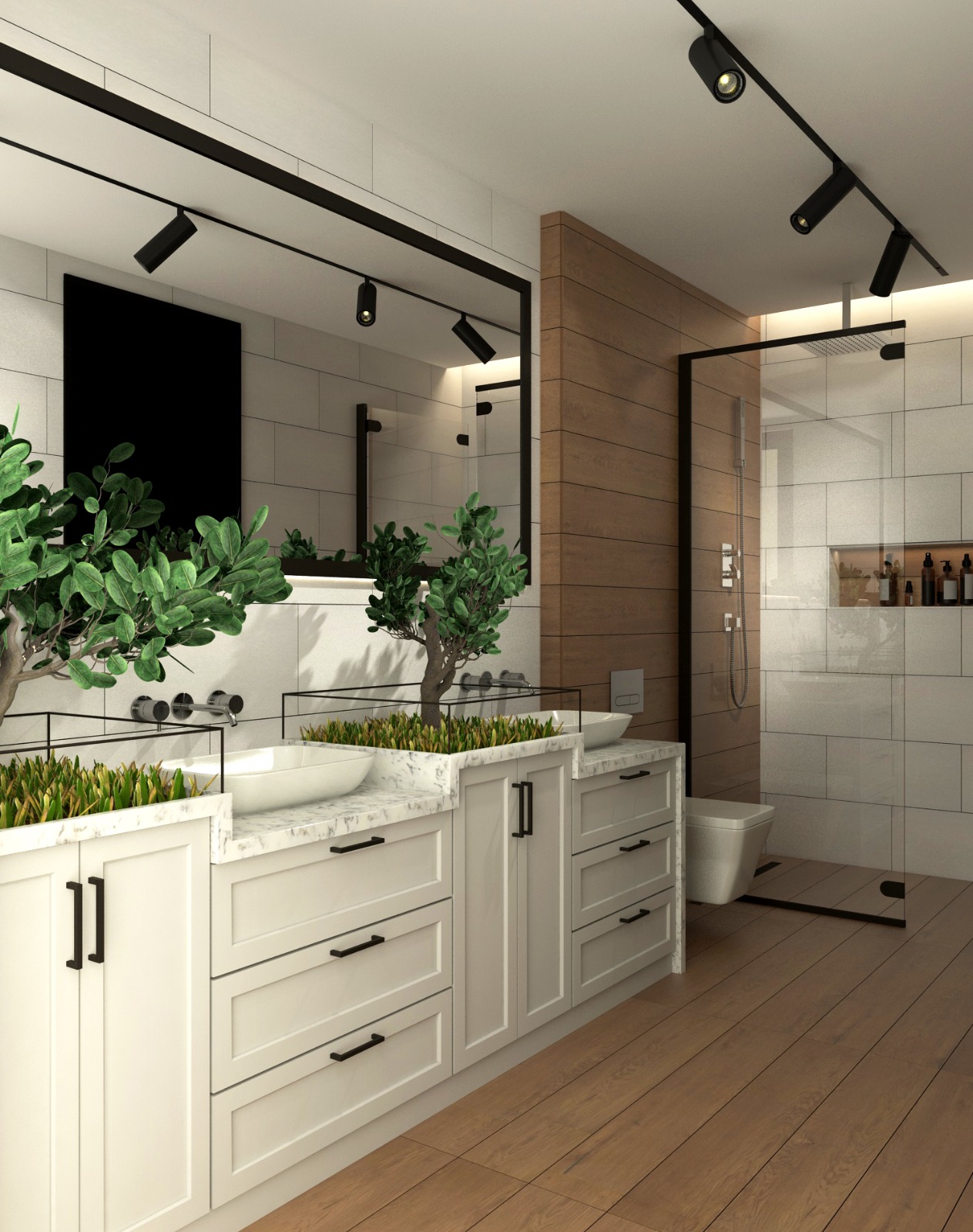 Ahşap ve beyaz mermer lavabo, modern aydınlatmalar ve cam duşakabinle tasarlanmış lüks bir banyo.