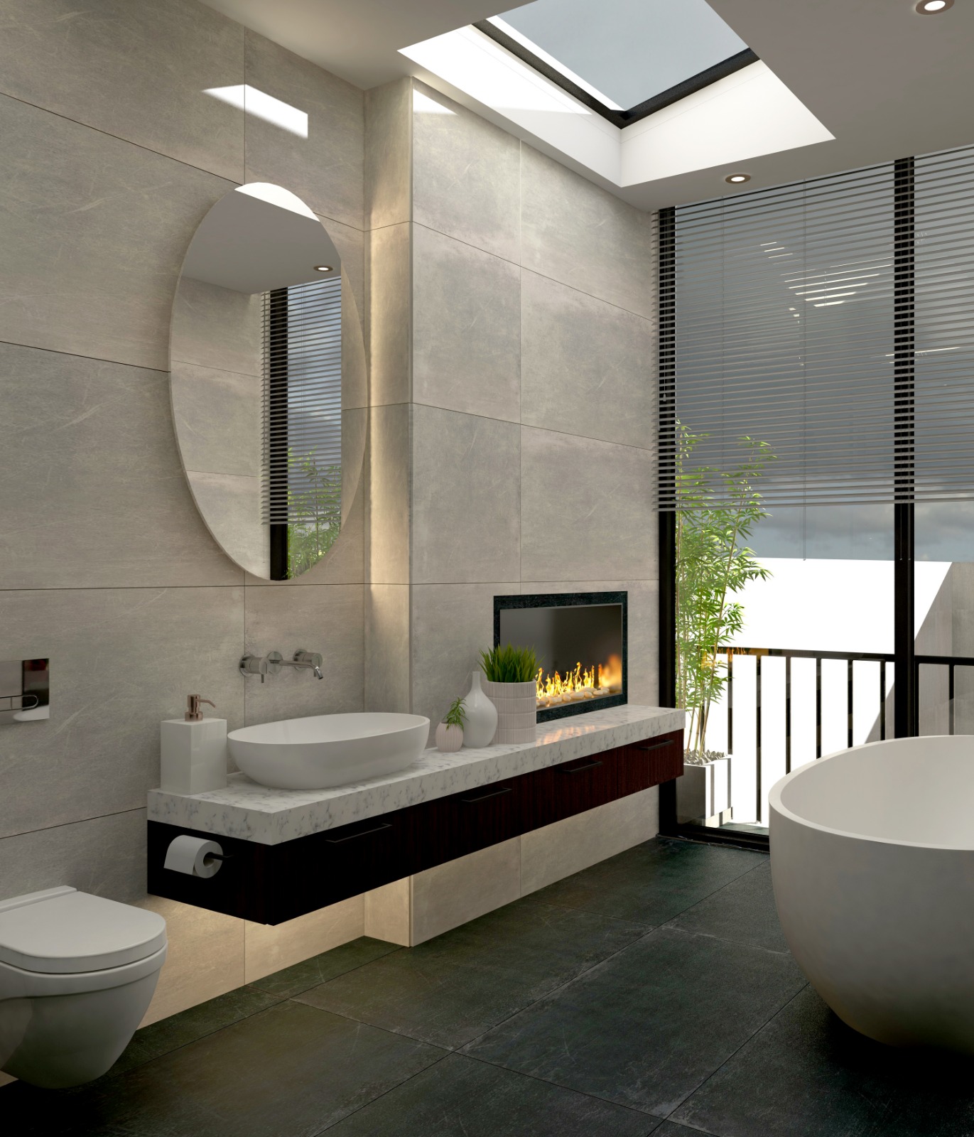 Geniş pencereli, şömine detaylı, oval küvetli ve modern banyo mobilyalı lüks bir banyo.