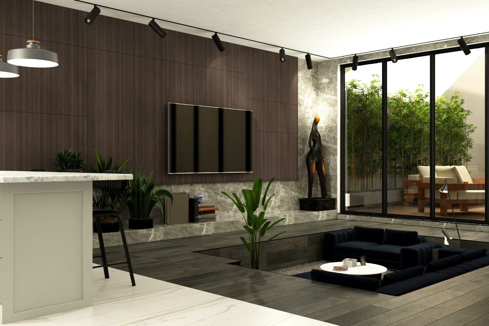 Batık oturma alanı ve büyük cam cephesiyle dışarıyla bütünleşen modern salon.