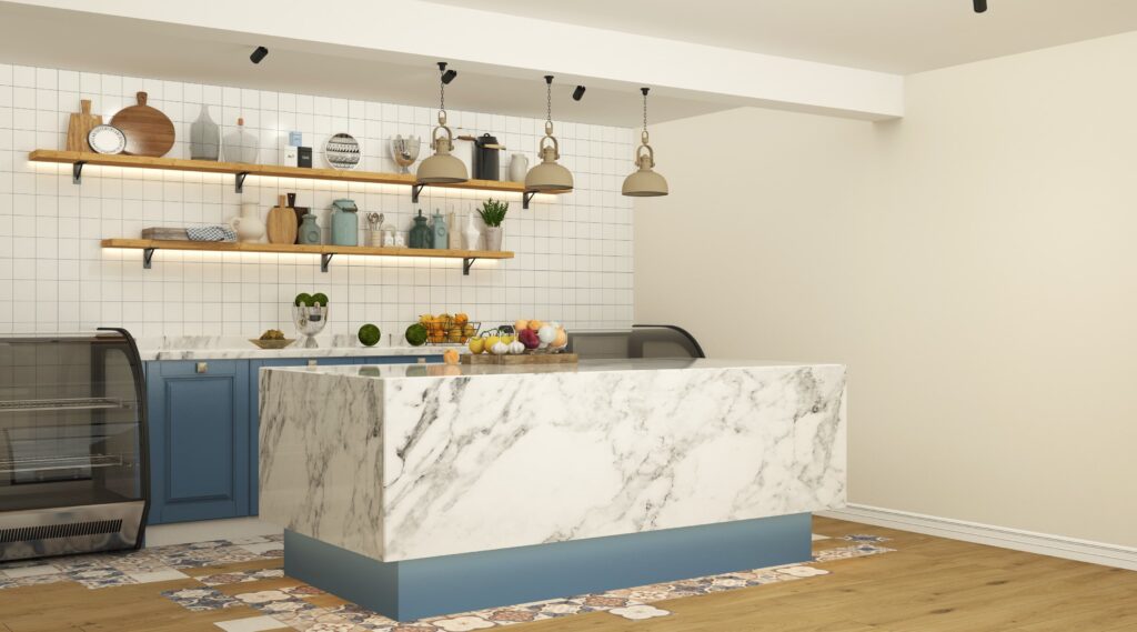Butik Kafe Tasarımı Mermer desenli ada tezgahı, beyaz fayans duvar ve ahşap raflı modern barista tezgahı.