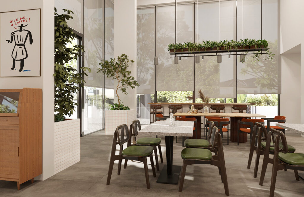 Modern Kafe Restoran Tasarımı Yüksek tavanlı, geniş pencereli ve bol bitkili, ferah bir kafe iç mekan görseli.